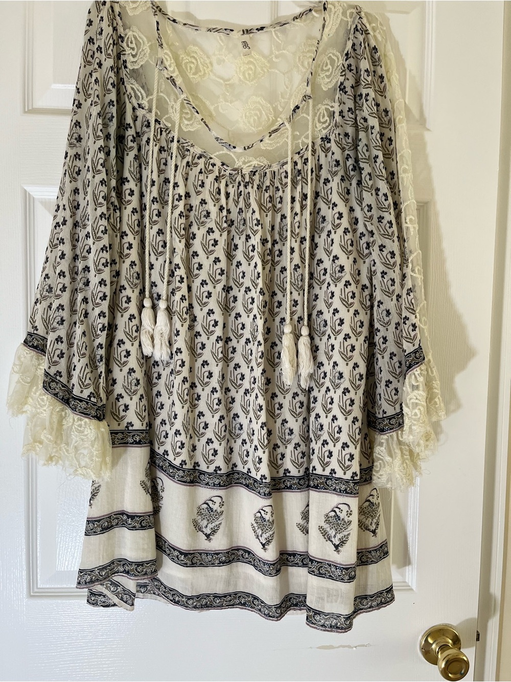 Free People Ivory Lace Overlay Top with Black Accents